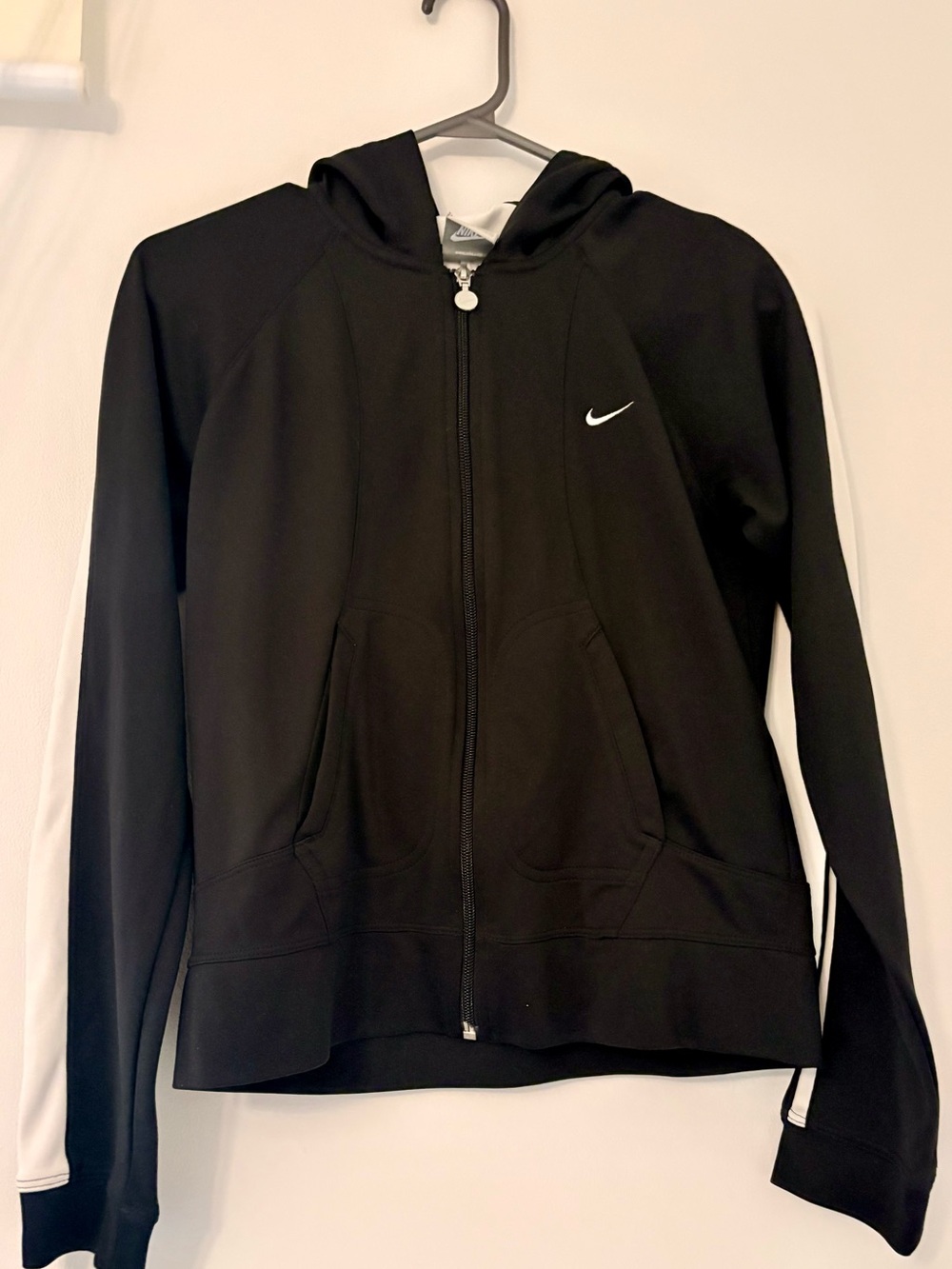 Black Nike Zip-Up Hoodie with White Sleeve Stripes